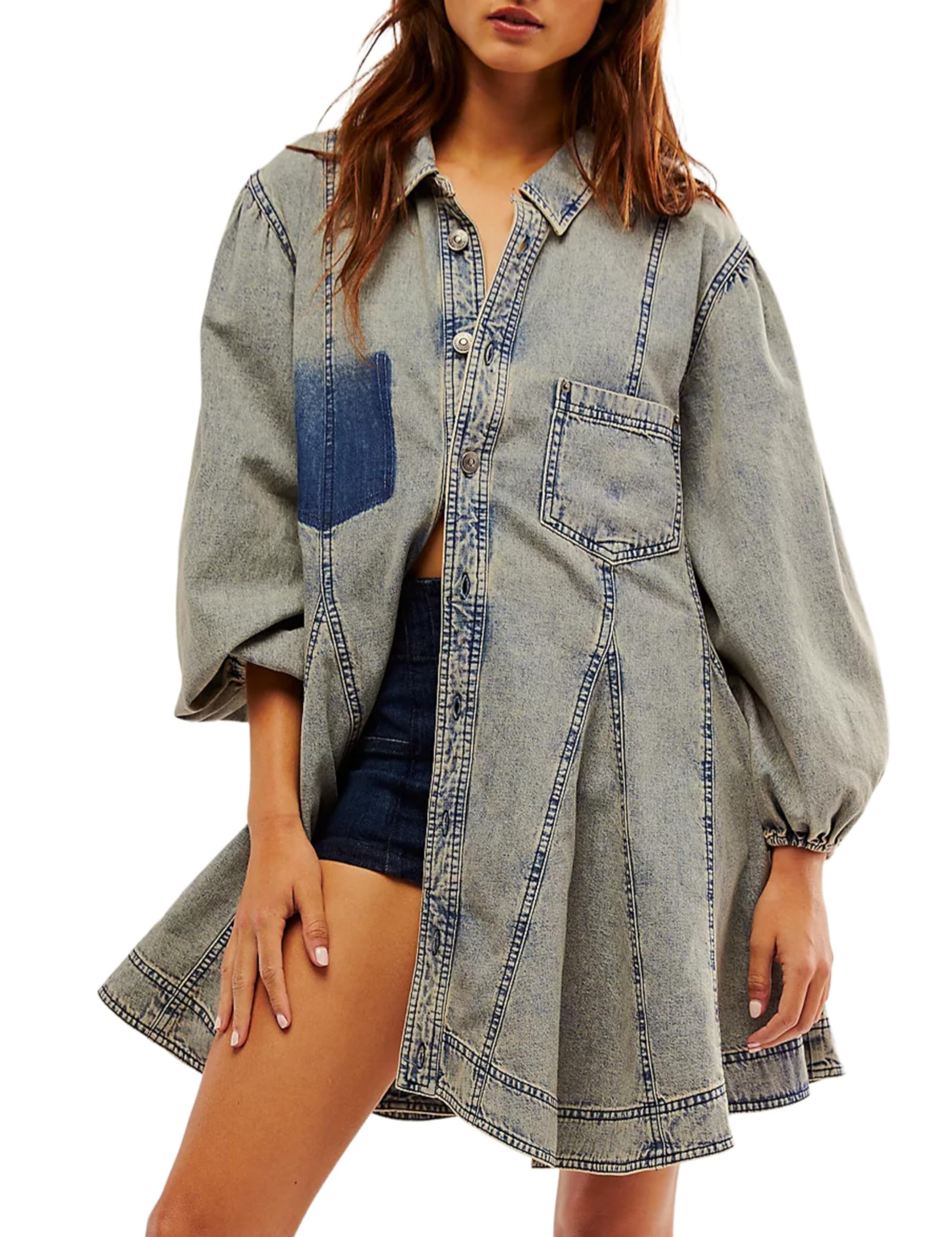 Women's Long Balloon Sleeves Button Down Denim Dress (Buy 2 Free Shipping)