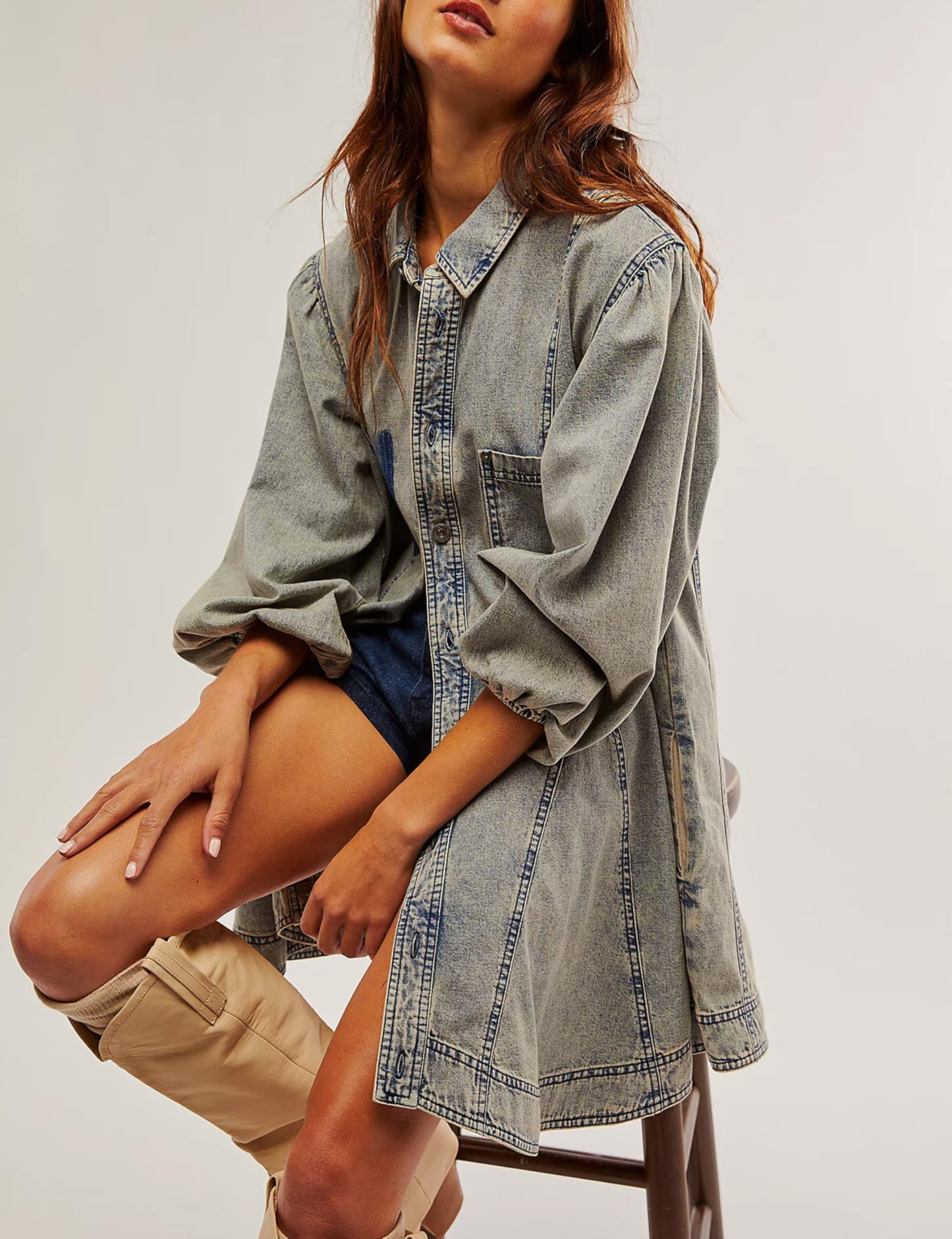 Women's Long Balloon Sleeves Button Down Denim Dress (Buy 2 Free Shipping)