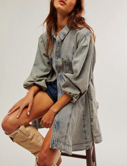 Women's Long Balloon Sleeves Button Down Denim Dress (Buy 2 Free Shipping)