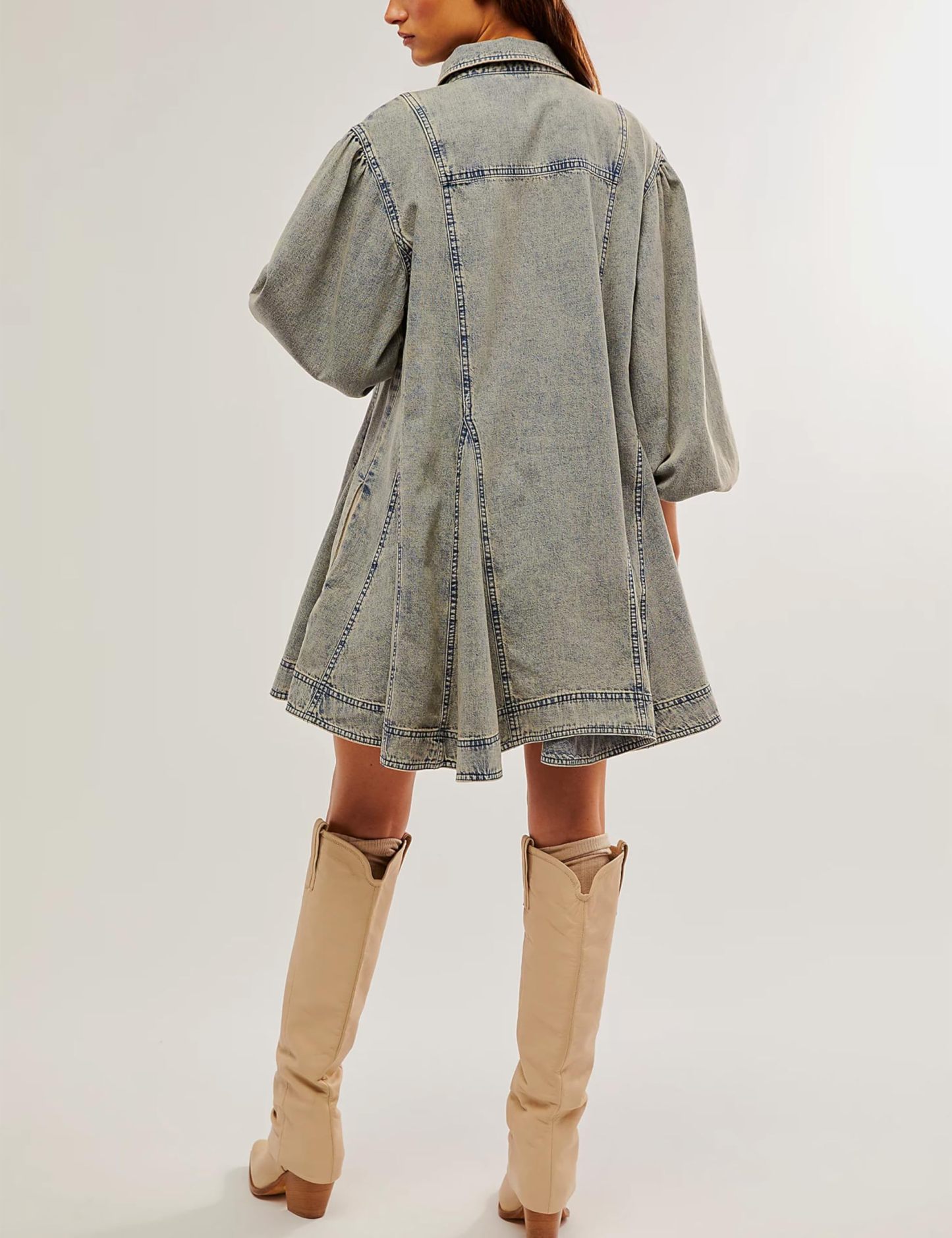 Women's Long Balloon Sleeves Button Down Denim Dress (Buy 2 Free Shipping)