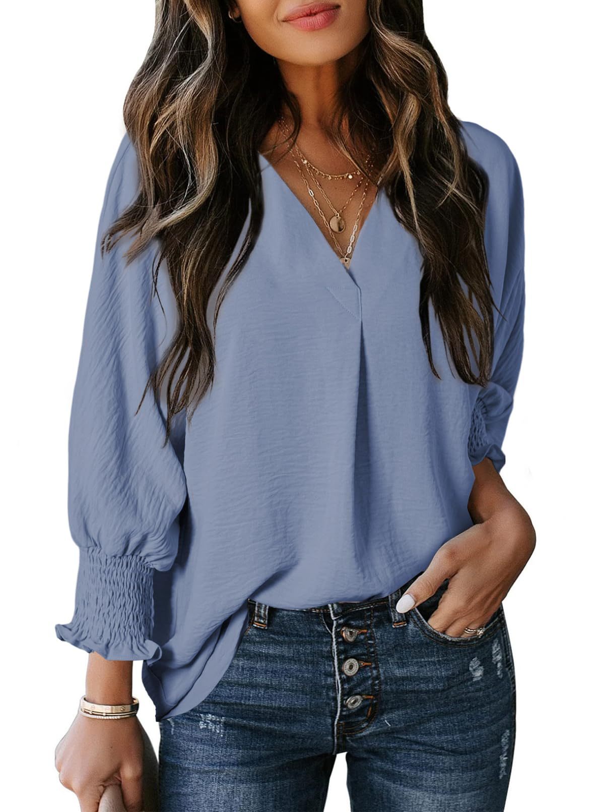Casual 3/4 Sleeve V Neck Loose Fit Basic Tees (Buy 2 Free Shipping)