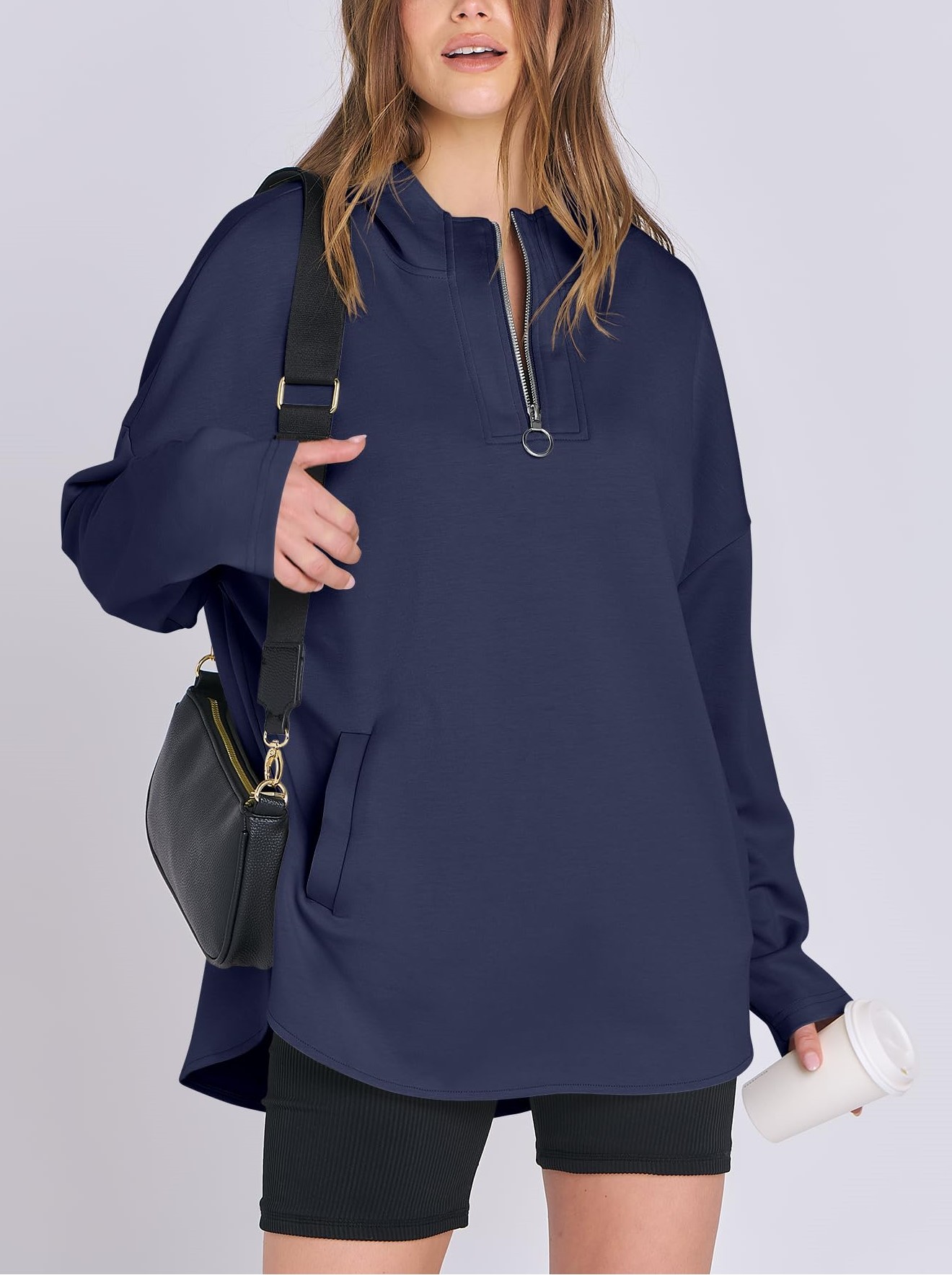 Women's Oversized Quarter Zip Hoodie With Pockets