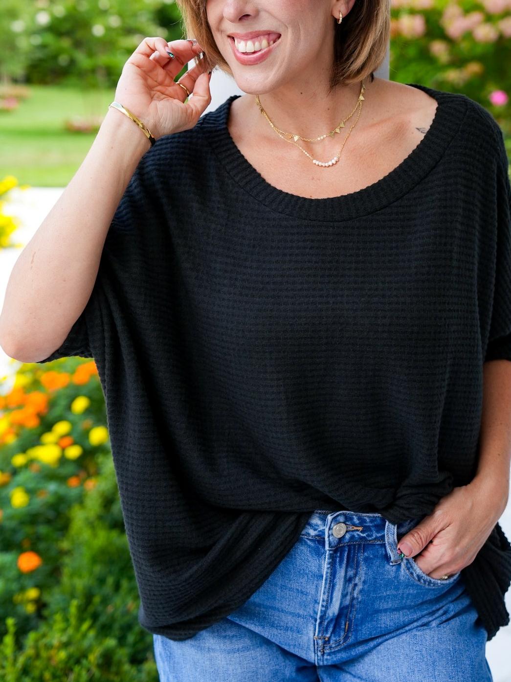 Waffle Knit Short Kimono Sleeve Top