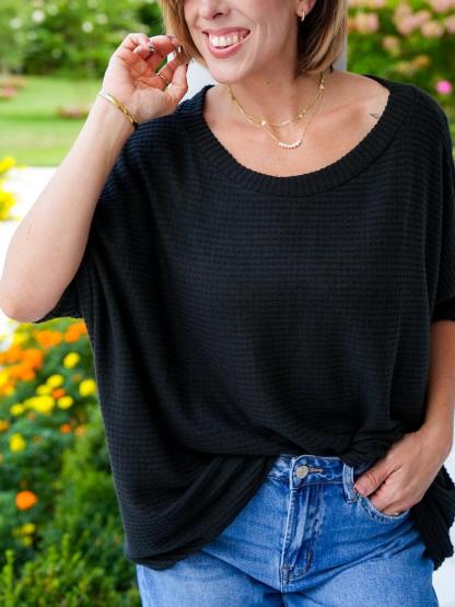 Waffle Knit Short Kimono Sleeve Top