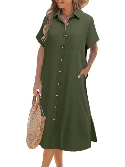 Women's Summer Casual Short Sleeve Button-Up Shirt Dress