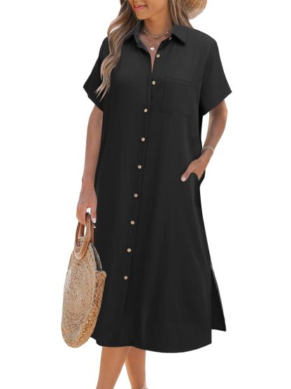 Women's Summer Casual Short Sleeve Button-Up Shirt Dress