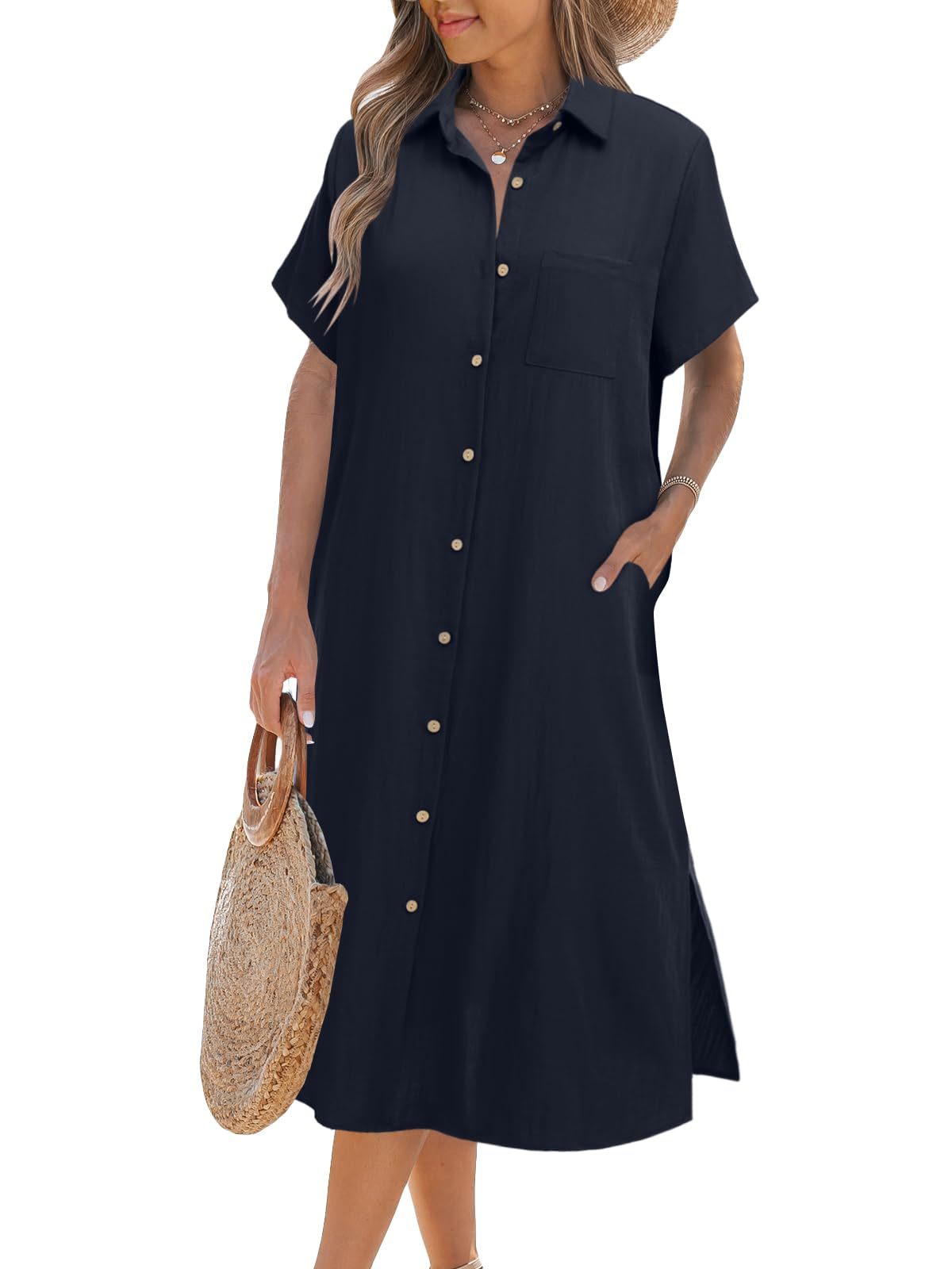 Women's Summer Casual Short Sleeve Button-Up Shirt Dress