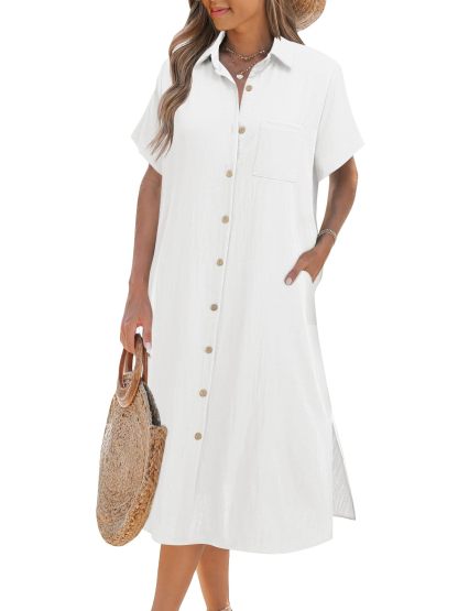 Women's Summer Casual Short Sleeve Button-Up Shirt Dress