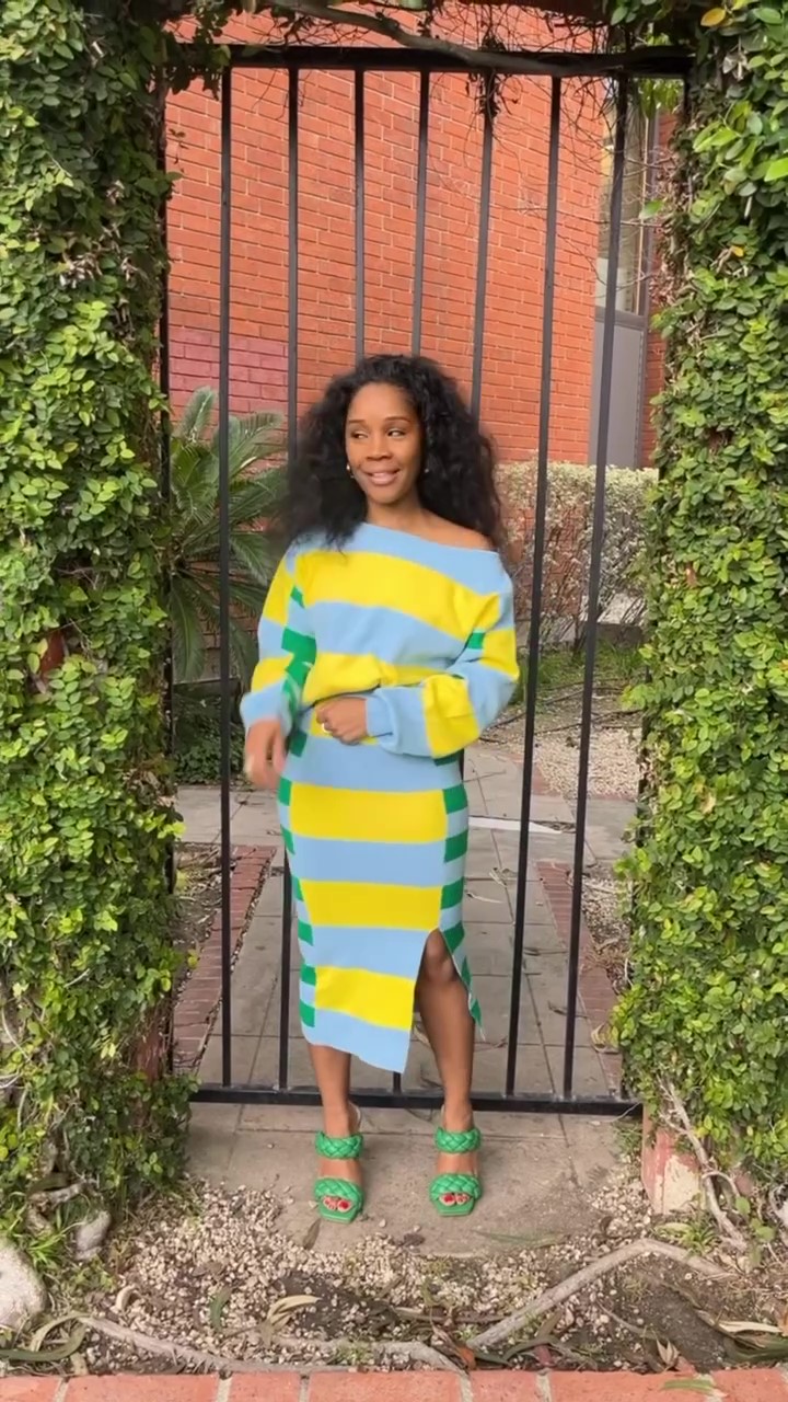 Women's Long Sleeve Striped Slit Skirt Set