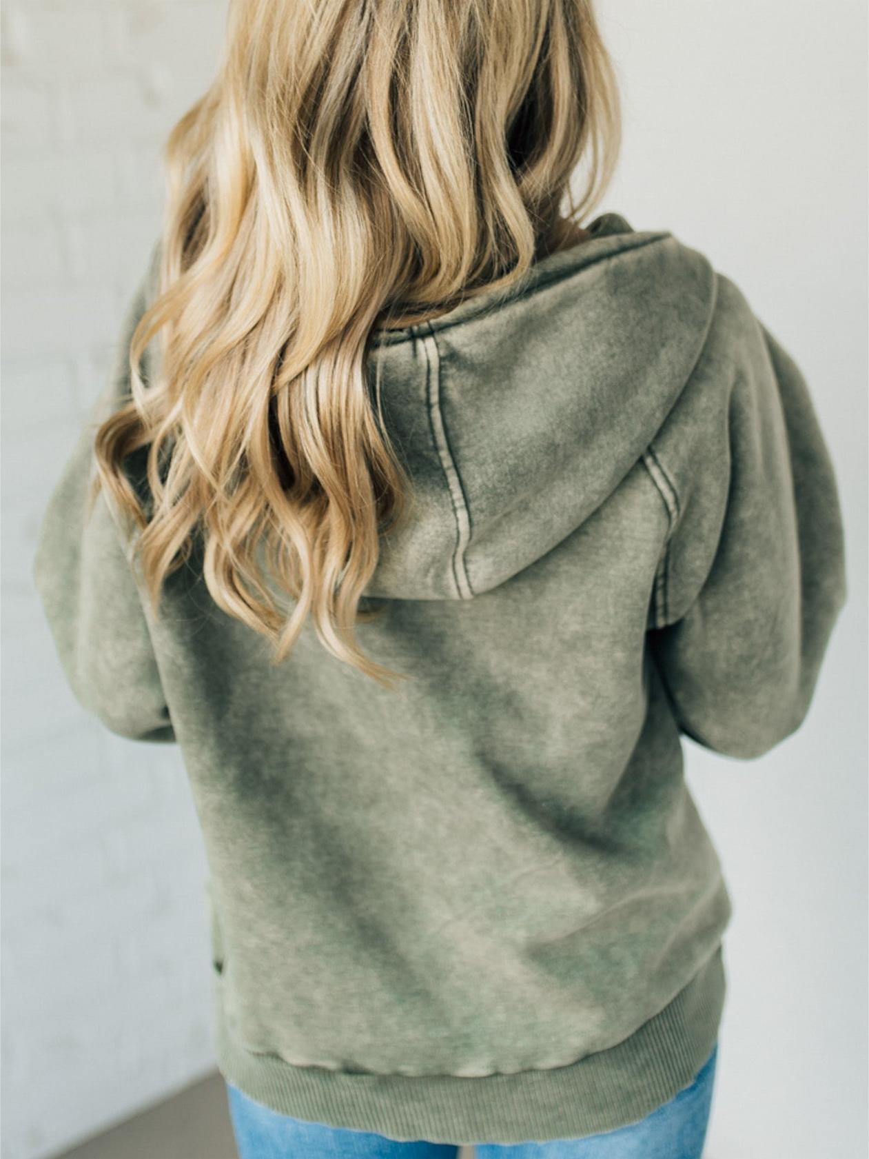 Women's Zip Henley Acid Wash Fleece Hoodie (Buy 2 Free Shipping)