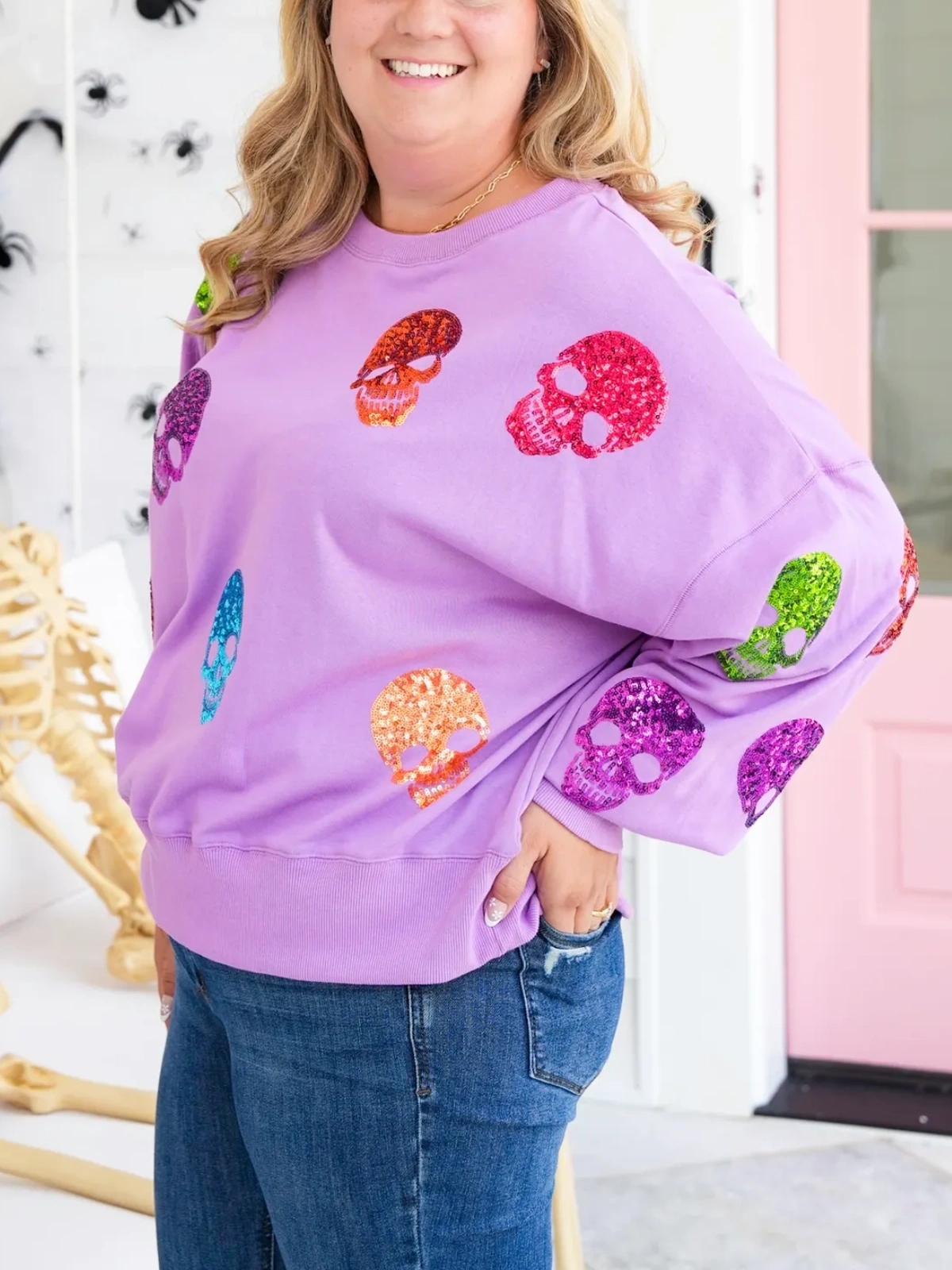 Multi Colored Sequin Skulls Sweatshirt (Buy 2 Free Shipping)