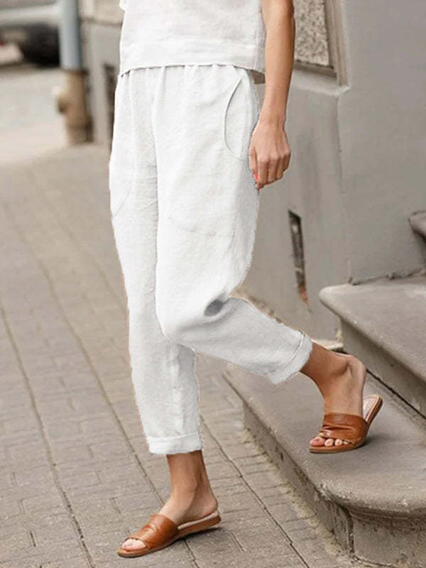 Linen-cotton Women's Large Size Loose Pants-Pink Laura