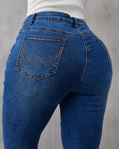 Ladies Flared High Waist Denim Button Stretch Trousers-Pink Laura