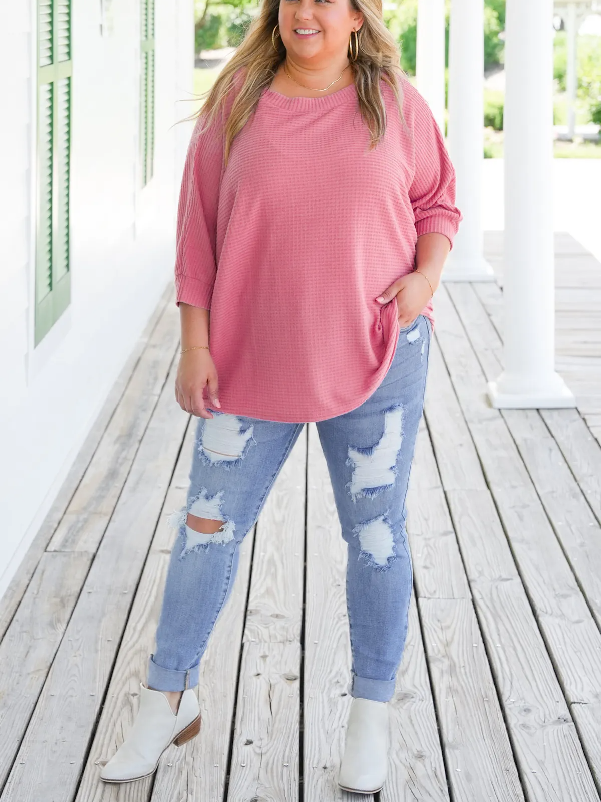 Waffle Knit Short Kimono Sleeve Top