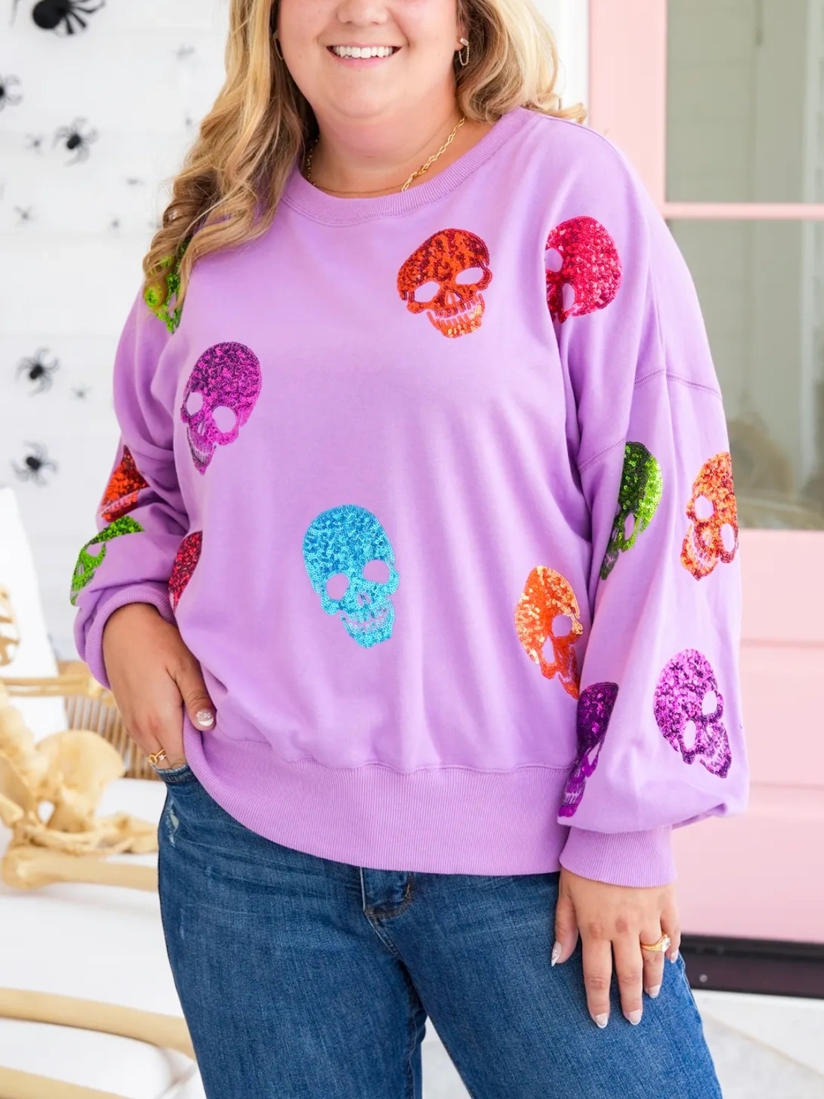 Multi Colored Sequin Skulls Sweatshirt (Buy 2 Free Shipping)