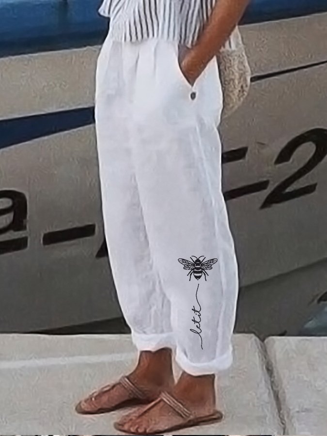 Women's Let It Bee Print Cotton Linen Casual Pants-Pink Laura