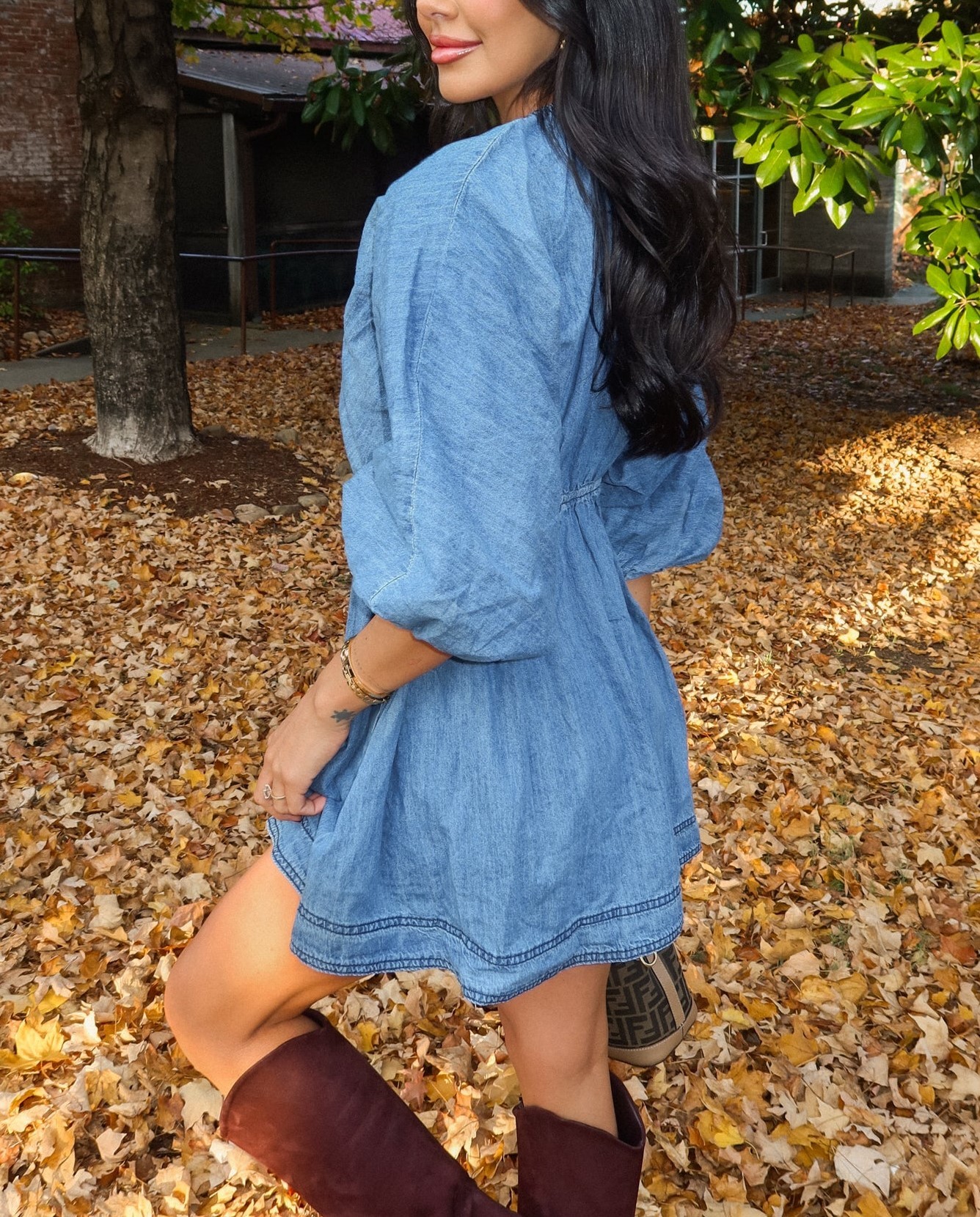 Women's Deep V Puff Sleeve Denim Dress with Pockets (Buy 2 Free Shipping) 