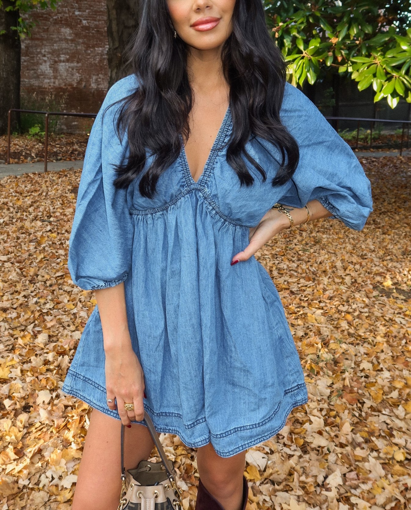 Women's Deep V Puff Sleeve Denim Dress with Pockets (Buy 2 Free Shipping) 