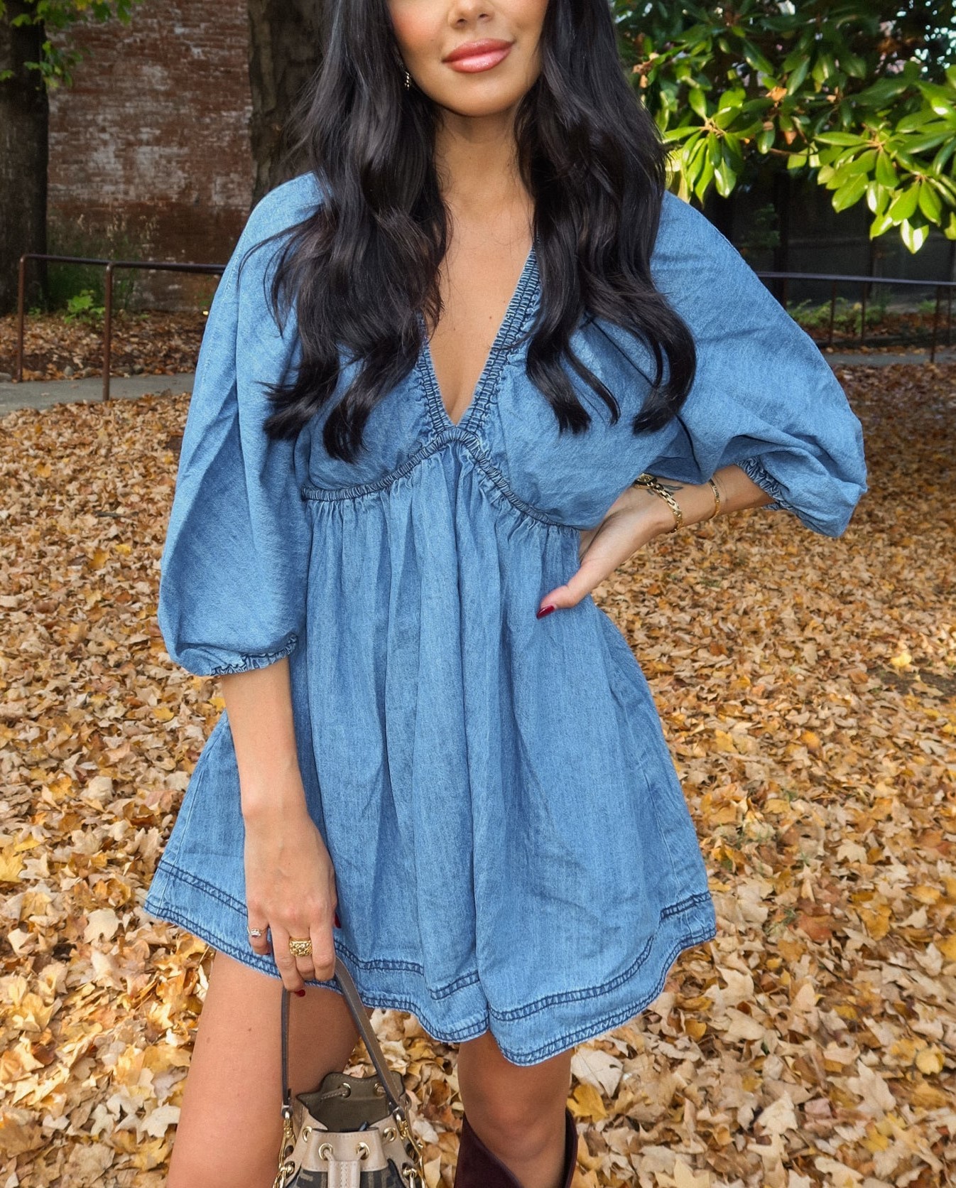 Women's Deep V Puff Sleeve Denim Dress with Pockets (Buy 2 Free Shipping) 