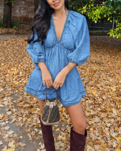 Women's Deep V Puff Sleeve Denim Dress with Pockets (Buy 2 Free Shipping) 