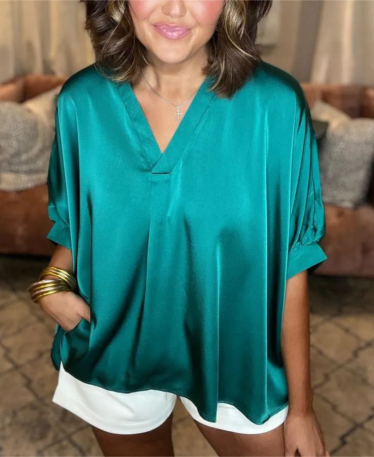 Satin Pleated V-Neck Blouse (Buy 2 Free Shipping)