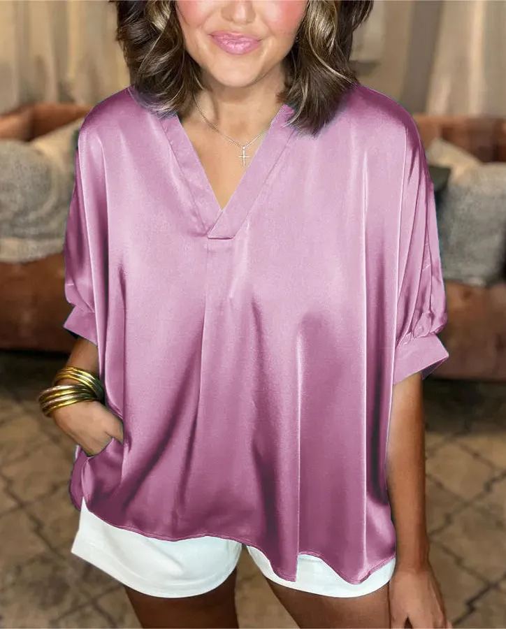 Satin Pleated V-Neck Blouse (Buy 2 Free Shipping)