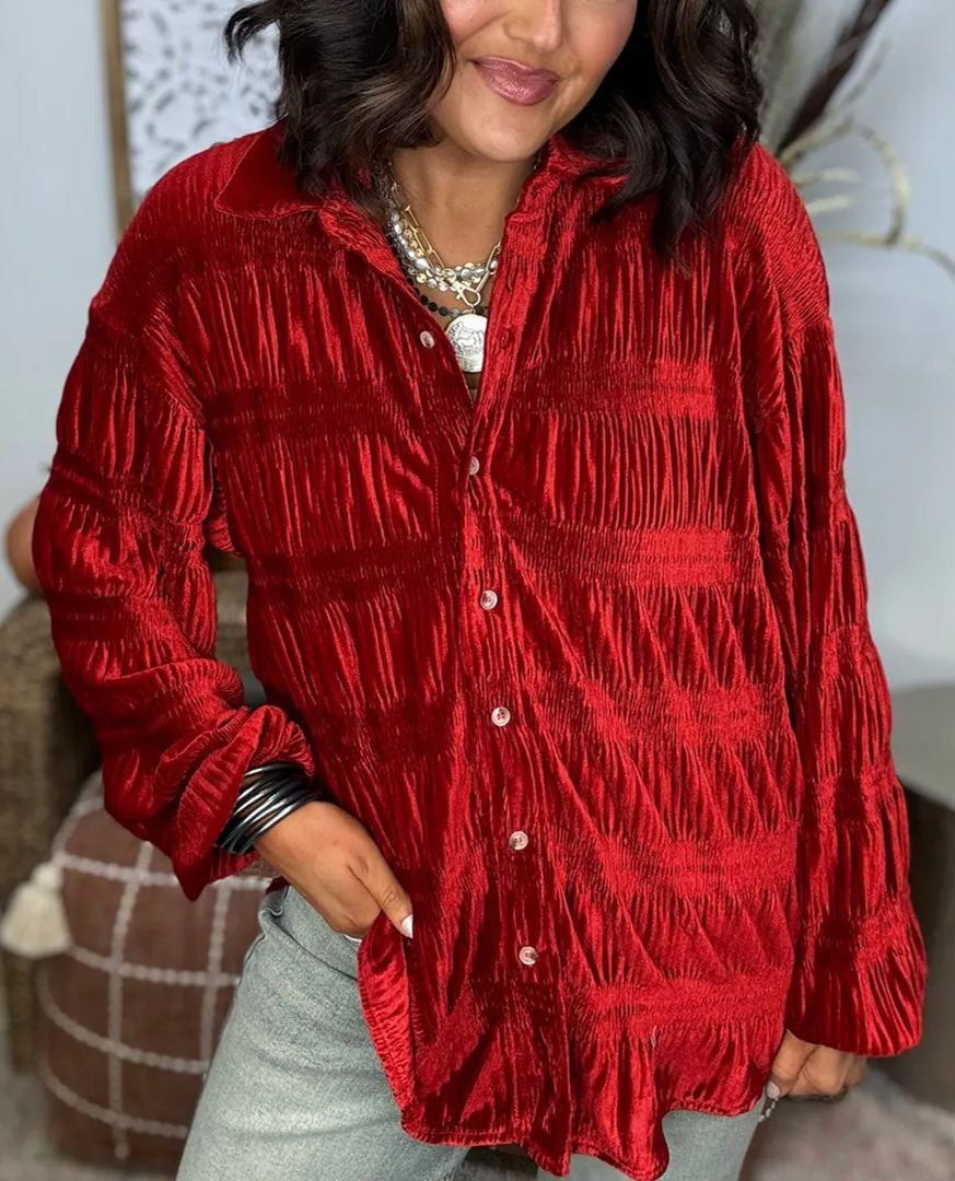 Early Christmas Sale 80% OFF - Women's Shirred Velvet Button Down Top (Buy 2 Free Shipping)-Pink Laura