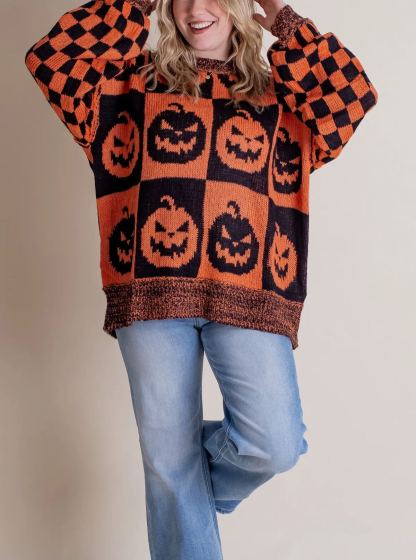 2024 Halloween Checkered Sweater-SPOOKY SEASON