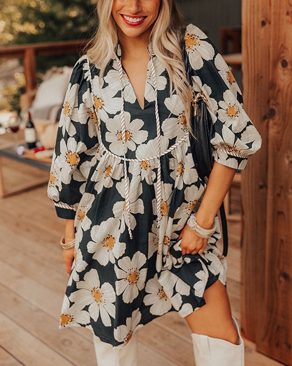Women's 3/4 Sleeve Floral Mini Dress