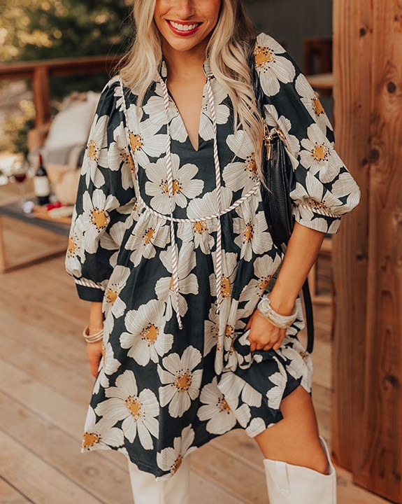 Women's 3/4 Sleeve Floral Mini Dress