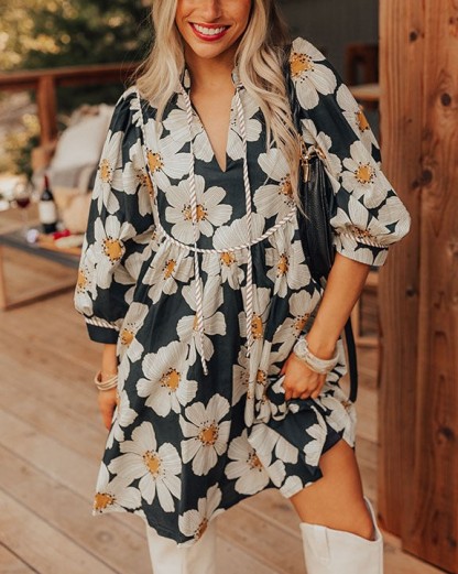 Women's 3/4 Sleeve Floral Mini Dress