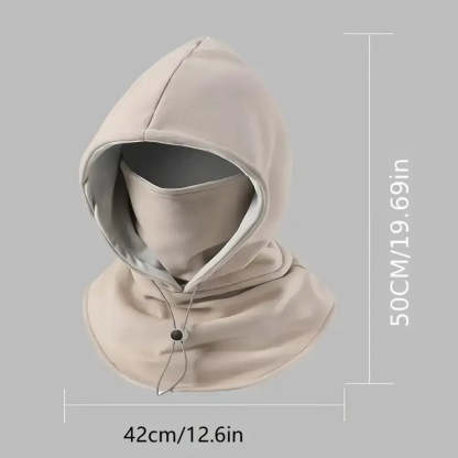 A hooded neck warmer face mask in light beige, shown on a plain gray background with dimension lines indicating 50 cm height and 42 cm width.