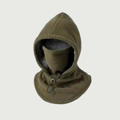 An olive green fleece hooded neck warmer with a matching face covering and a gray fleece lining, displayed on a neutral light gray background.