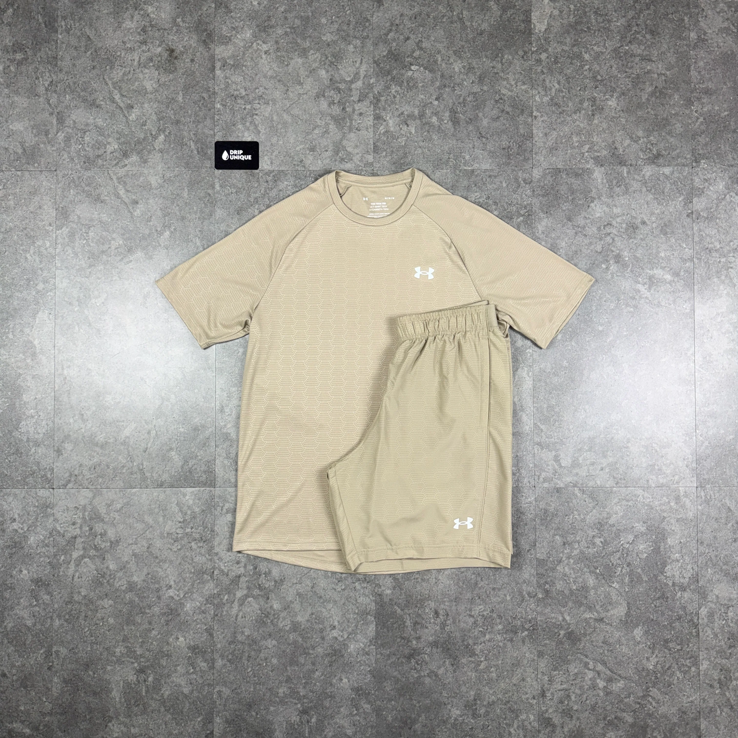 Under Armour Tech Emboss T-Shirt Stone & Stone Tech Shorts Set