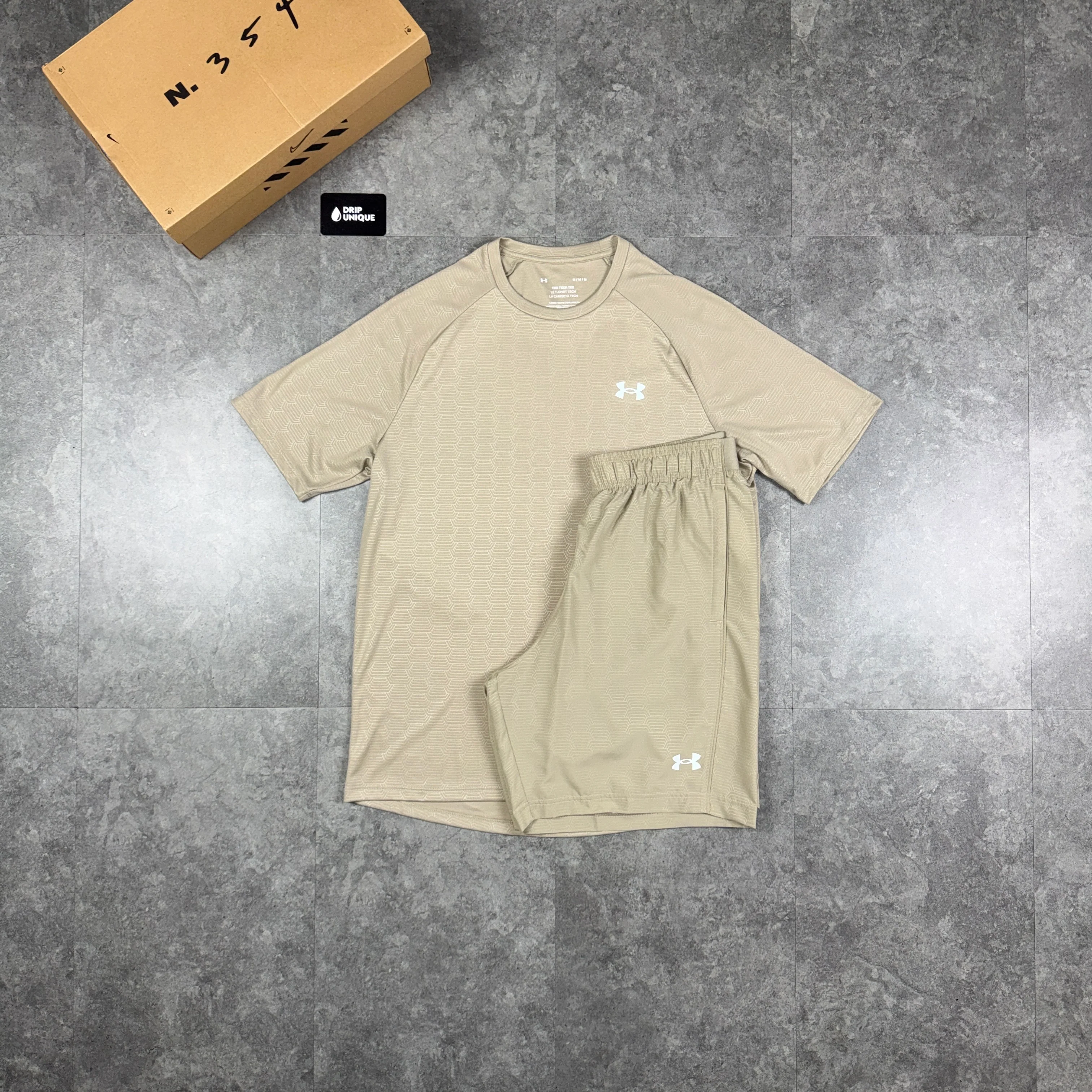Under Armour Tech Emboss T-Shirt Stone & Stone Tech Shorts Set