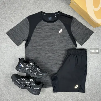 ASICS ROAD T-SHIRT & SHORTS SET - GREY/BLACK