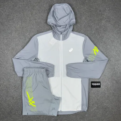 ASICS ICON WINDBREAKER JACKET & SHORTS SET - GREY/VOLT
