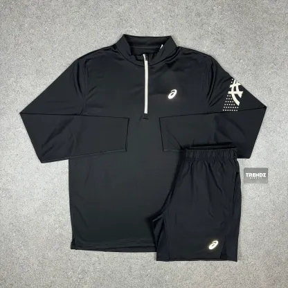 ASICS ICON HALF ZIP & PERFORMANCE SHORTS SET - BLACK