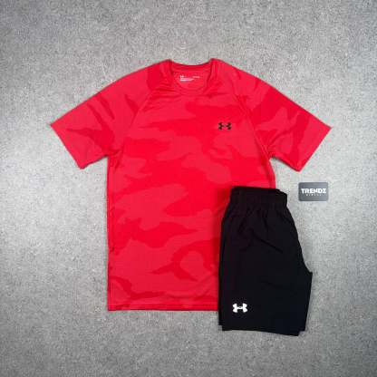 UNDER ARMOUR CAMO T-SHIRT & SHORTS SET - RED