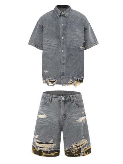 Ogulclon Patchwork Camouflage Ripped Shirt Jorts Denim Suit