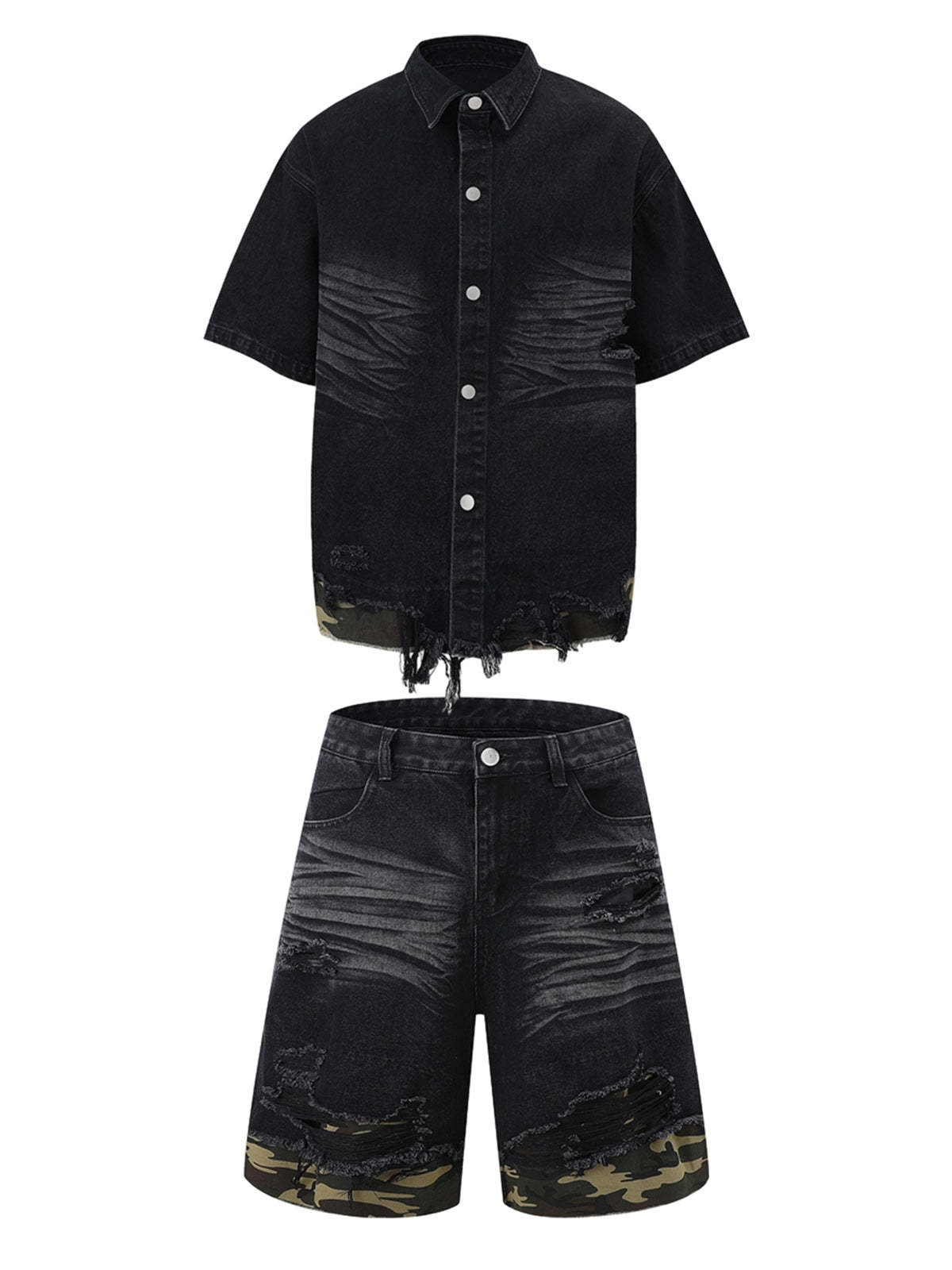 Ogulclon Patchwork Camouflage Ripped Shirt Jorts Denim Suit