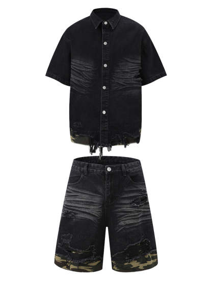 Ogulclon Patchwork Camouflage Ripped Shirt Jorts Denim Suit
