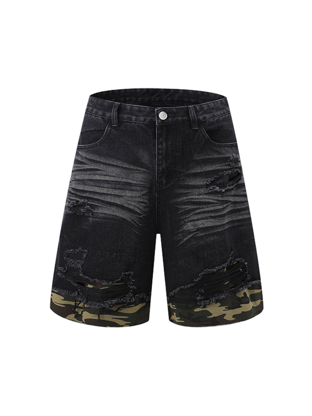 Ogulclon Patchwork Camouflage Ripped Shirt Jorts Denim Suit