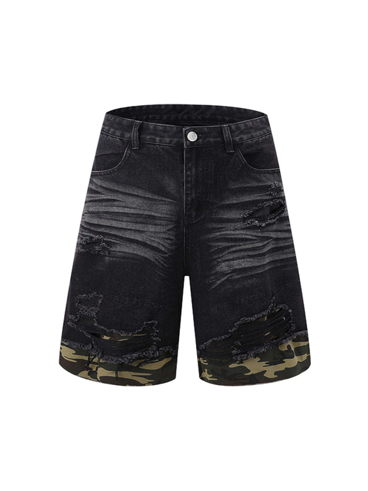 Ogulclon Patchwork Camouflage Ripped Shirt Jorts Denim Suit
