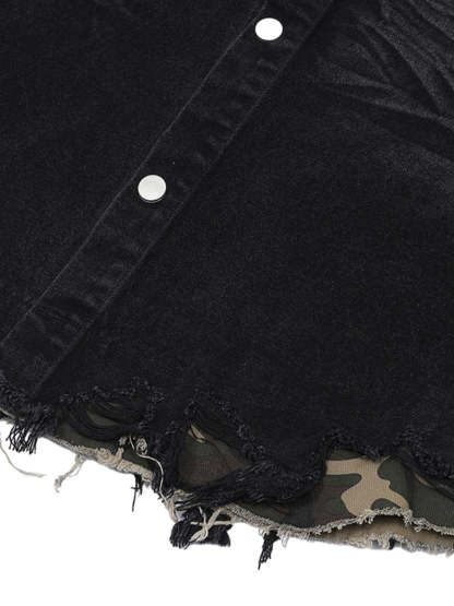 Ogulclon Patchwork Camouflage Ripped Shirt Jorts Denim Suit