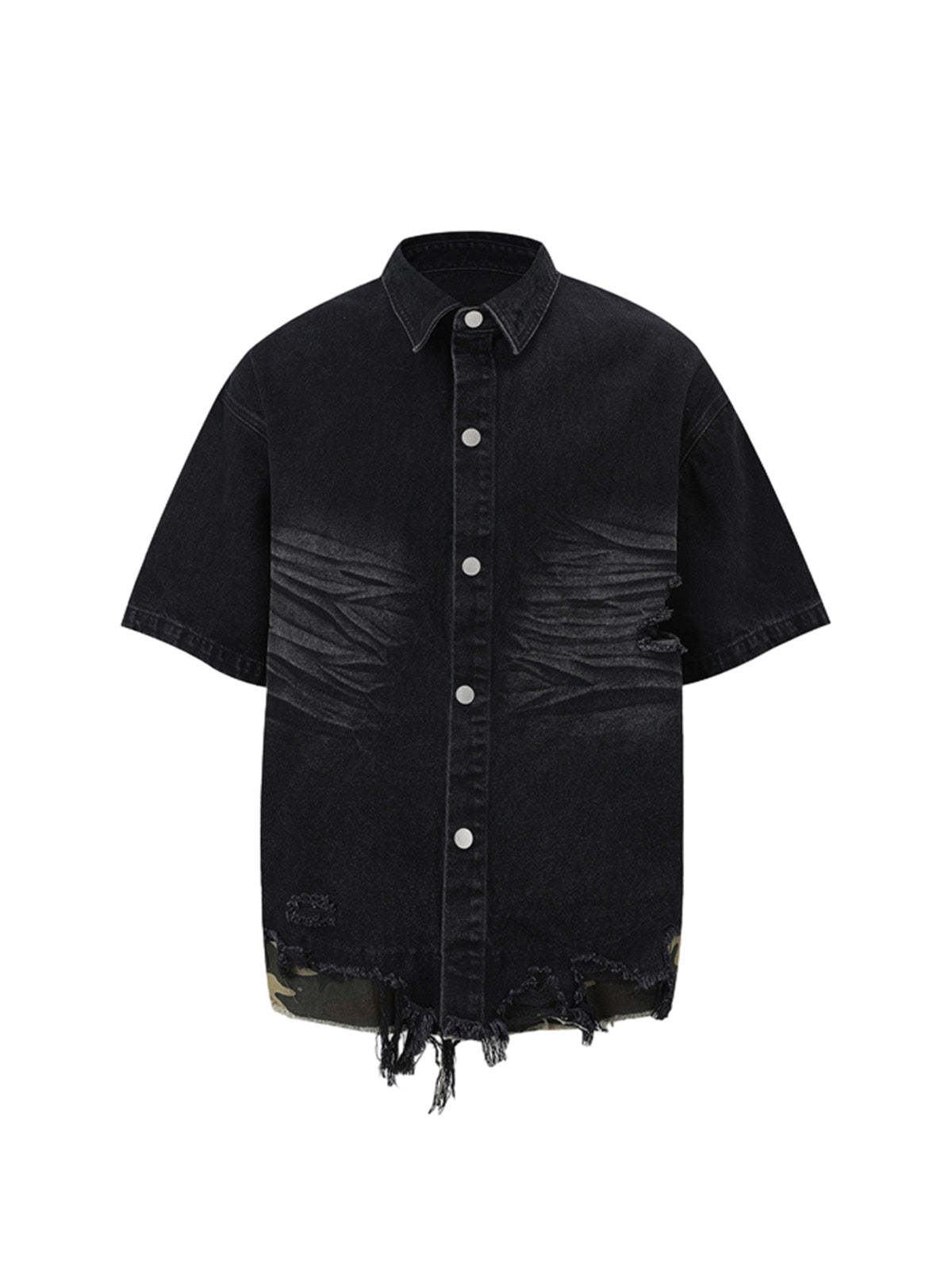 Ogulclon Patchwork Camouflage Ripped Shirt Jorts Denim Suit