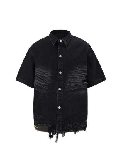 Ogulclon Patchwork Camouflage Ripped Shirt Jorts Denim Suit