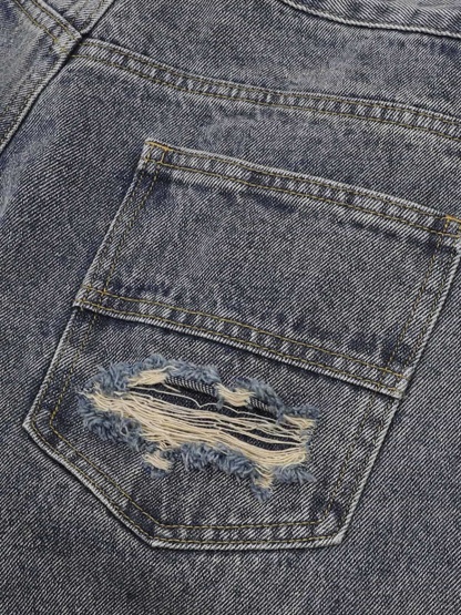 Ogulclon Patchwork Camouflage Ripped Shirt Jorts Denim Suit