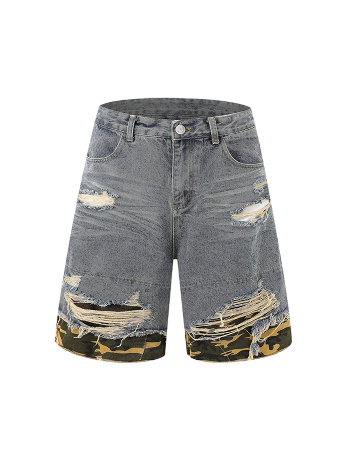 Ogulclon Patchwork Camouflage Ripped Shirt Jorts Denim Suit