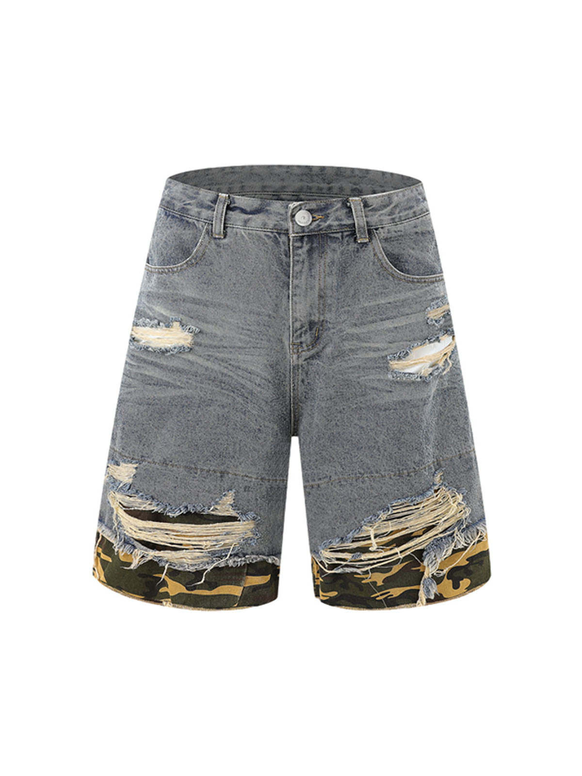 Ogulclon Patchwork Camouflage Ripped Shirt Jorts Denim Suit